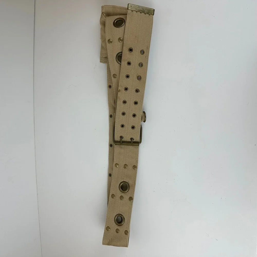Vintage Military Style Tan Canvas Utility Belt with Pouch Grommet Studded Khaki